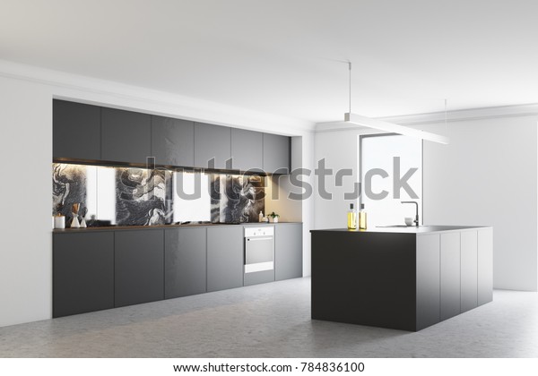Gray Marble Kitchen Interior Concrete Floor Interiors Stock Image