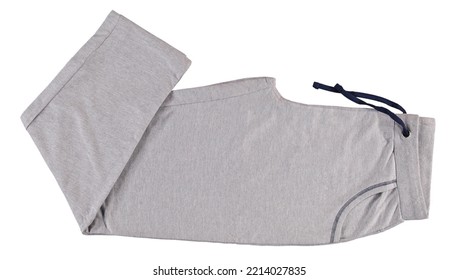 Gray men's sweatpants with with dark blue drawstring. Isolated image on a white background. Nobody.  - Shutterstock ID 2214027835