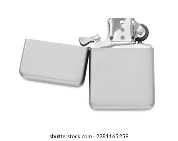 Gray metallic cigarette lighter isolated on white, top view