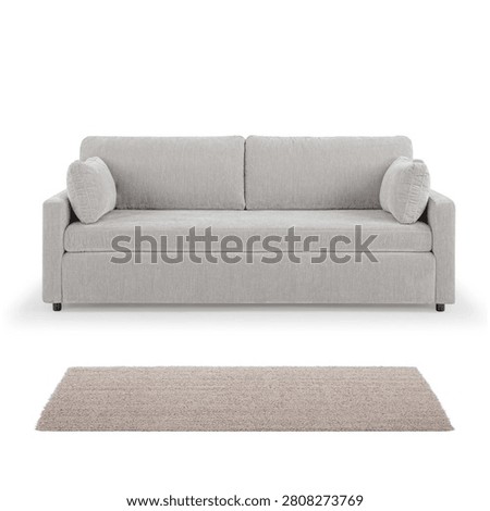 Gray Mid Back Linen Upholstered Sofa Bed Isolated on White. Loveseat with Armrests and Seat Cushion Front View. Three 3 Seater Studio Couch with Two Scatter Pillows. Interior Furniture