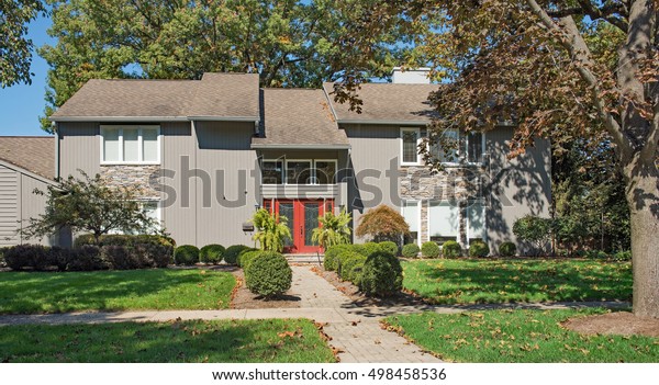 Gray Modern House Red Door Stone Stock Photo Edit Now 498458536