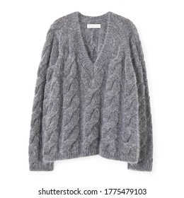 Gray Mohair Knit V-Neck Sweatshirt Isolated On White. Woman's Long Sleeves Cashmere Oversized Cable Turtleneck. Modern Lady Wool Sweater Front View. Beauty & Fashion. Jerseys Clothing Garment Apparel