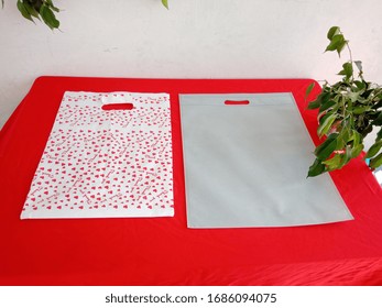 Gray Non Woven Shopping Bags With Thank You Bag On Red Background, Polypropylene Fabric Bag