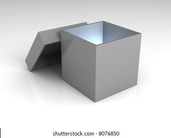 A Gray Opened Box, With A Blue Light Inside Of It.