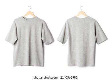 Gray Oversize T Shirt Mockup Hanging Isolated On White Background With Clipping Path.