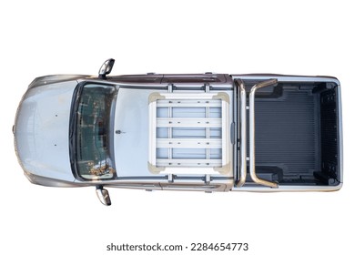 Gray pick up car truck above top view with empty trunk isolated