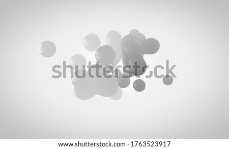 Gray plastic metaball in 3d. Small drops are separated from the liquid sphere and connected together on a white background. Liquid molecule decaying in 3d render.