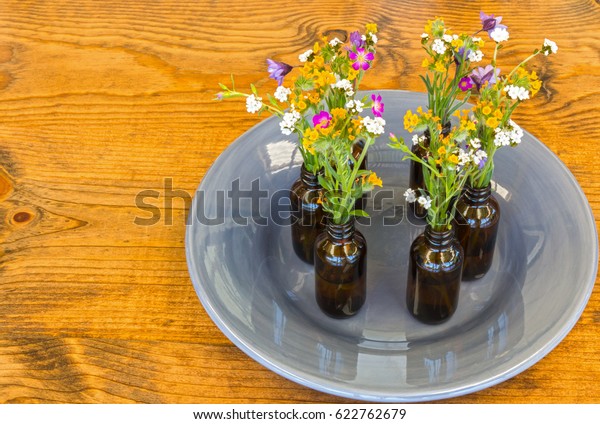 Gray Plate Small Vases Flowers Sitting Stock Photo Edit Now