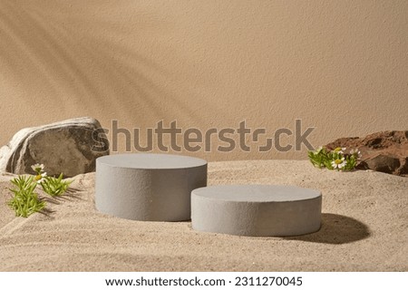Gray podiums in cylinder and round shape decorated with Feverfew flowers and blocks of stone. Tropical leaf shadow. Stage showcase on minimal podium display