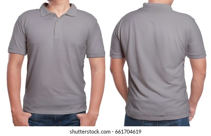 Gray Polo T-shirt Mock Up, Front And Back View, Isolated. Male Model Wear Plain Grey Shirt Mockup. Polo Shirt Design Template. Blank Tees For Print