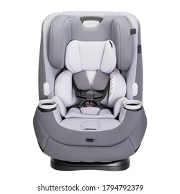 Gray Reclining Baby Carrier Isolated On White Background. Front View Of Car Child Safety Seat. Modern Restraining Car Seat With Side Impact Protection. Travel Gear. Infant Restraint System