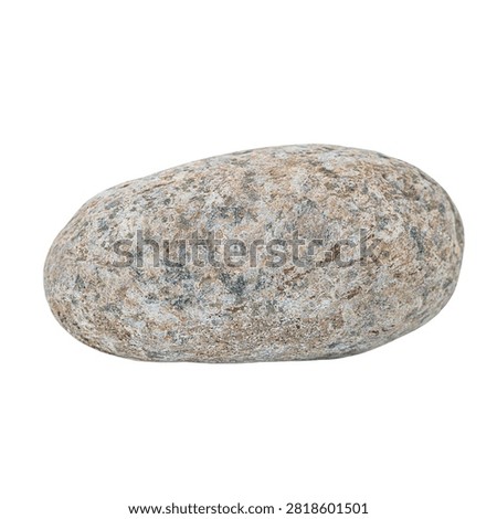 Gray round natural river stone of oval flattened shape with heterogeneous composition, spotted inclusions of red, white, black, isolated on white background with clipped path. Blank for artworks.