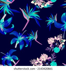 Gray Seamless Botanical. Blue Pattern Art. Navy Tropical Illustration. Indigo Spring Textile. Cobalt Decoration Nature. Drawing Palm. Watercolor Illustration.