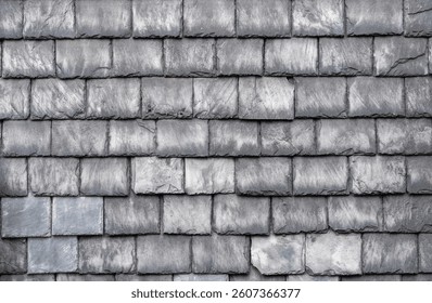 Gray slate roof tiles interlocking tightly, presenting weathered texture and architectural resilience, highlighting traditional roofing craftsmanship with protective surface pattern