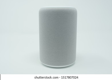 Gray Smart Speaker With Cloth Texture. Isolated On A White Background.