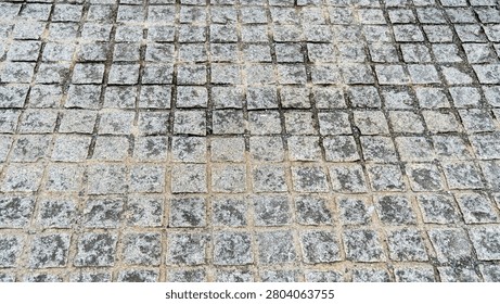 Gray square stone sett paving in a grid pattern, an outdoor stone ground texture.