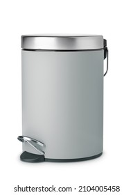 Gray steel foot pedal waste bin isolated on white