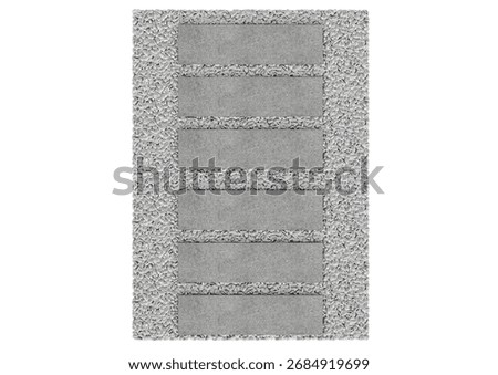 Gray stepping stone pathway with rectangular slabs on white gravel background, top view 