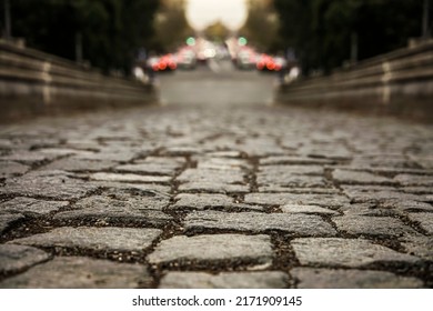 gray stone road surface, cobbled road, cobble background. texture old stone pavement in Erevan city