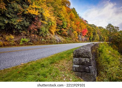 Gray Stone Wall Lines The Blue Ridge Parkway With Fall Color On 