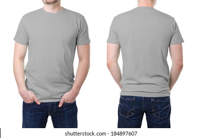 Gray T Shirt On A Young Man Template On White Background