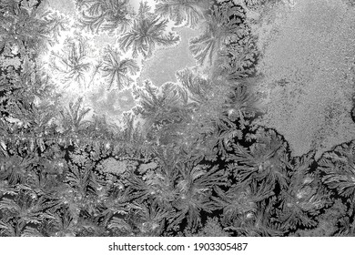 Gray Texture Of Frost Ice Surface With Frozen Design Tracery On A Window Glass ,black And White Cryslallized Surface Background , Abstract Macro Wallpaper