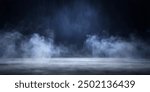 Gray textured concrete platform, podium or table with smoke in the dark. Abstract And Defocused Halloween Backdrop. background for product placement