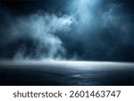 Gray textured concrete platform, podium or table with smoke in the dark