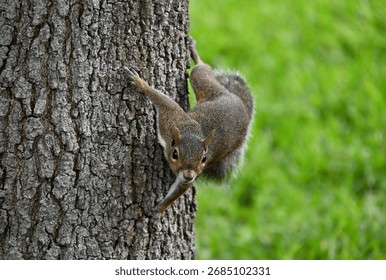 A gray tree squirrel clings to a tree, looking at the camera.