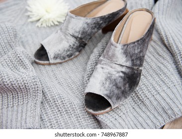 Gray Velvet Mule Slip On Shoes