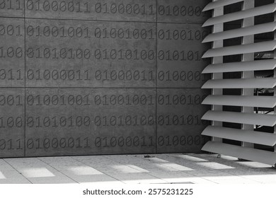 A gray wall with binary codes engraved, accompanied by geometric structures casting shadows, creating a futuristic and minimalistic composition. - Powered by Shutterstock - Get 15% off with code: PIKWIZARD15