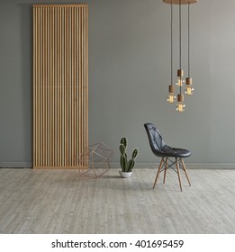 Gray Wall In Front Of Modern Wooden Separator Modern Pendant Lamp Textured Wood Laminate Flooring And Cactus With Leather Chair Concept