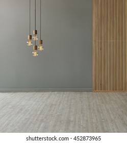 Gray Wall In Front Of Modern Wooden Separator Modern Pendant Lamp Textured Wood Laminate Flooring