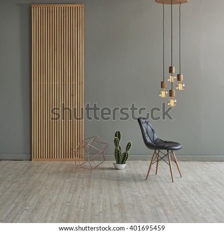 gray wall in front of modern wooden separator modern pendant lamp textured wood laminate flooring and cactus with leather chair concept