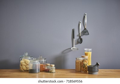 gray wall, kitchen and materials, metal accessories and interior design for home, hotel, office