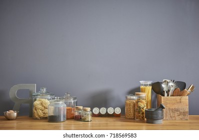 gray wall, kitchen and materials, metal accessories and interior design for home, hotel, office