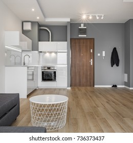 Gray And White Apartment With Small Open Kitchen