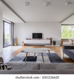 Gray And White, Family Living Room With Tv And Coffee Table