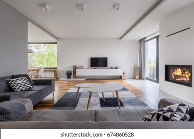 Gray And White, Family Living Room With Fireplace, Tv And Sofa