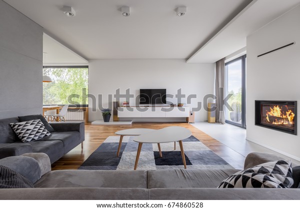 Gray White Family Living Room Fireplace Stock Photo Edit Now