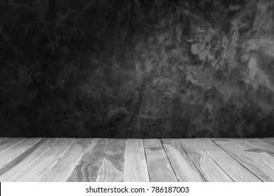 Gray Wood Table Dark Background, Empty Dark Cement Wall Room And Grey  Old Rough Wooden Floor Perspective Interior, Well Montage Display Or Editing Product On Wood And Text On Background  