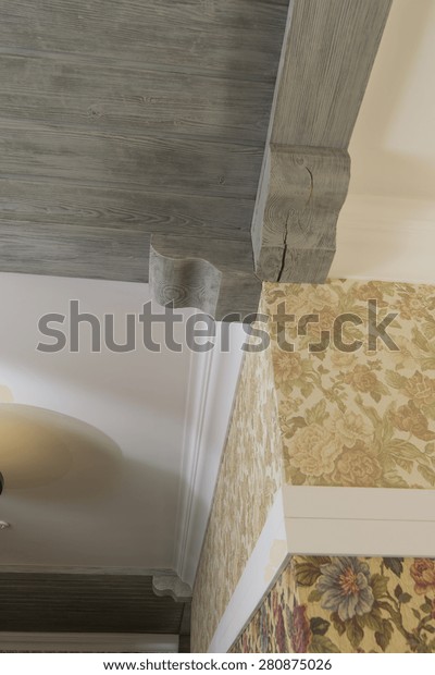 Gray Wooden Beams Wood Paneling Ceiling Stock Image