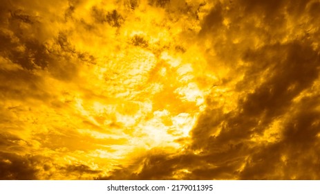   Gray yellow orange sky with clouds view. Dramatic skies background with space for design. Dark gloomy storm clouds. Lightning fire bright flash explosion in the sky. Armageddon, horror, scary,creepy - Shutterstock ID 2179011395