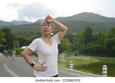 A gray-haired woman in her 60s wipes the sweat on her forehead after exercising by jogging. - Shutterstock ID 2233861953