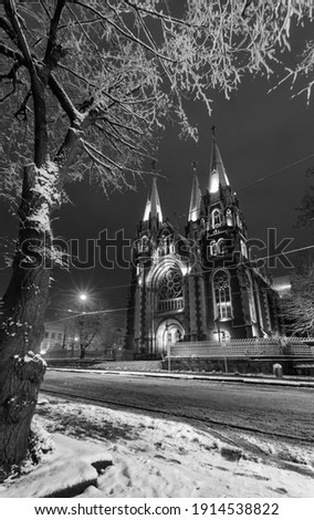 Grayscale. Beautiful illuminated night winter Church of Sts. Olha and Elizabeth in Lviv, Ukraine. Built in the years 1903-1911.