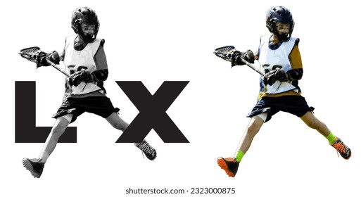 Grayscale and color versions of silhouetted adolescent male lacrosse player running carrying ball. Greyscale version using isolated image to create the abbreviation LAX - Powered by Shutterstock