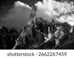 A grayscale of a mountain summit covered with clouds in Switzerland