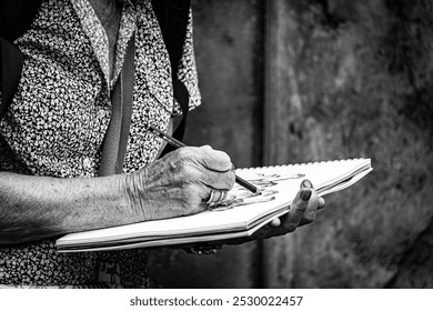 A grayscale shot of an elderly woman drawing with a pencil. - Powered by Shutterstock