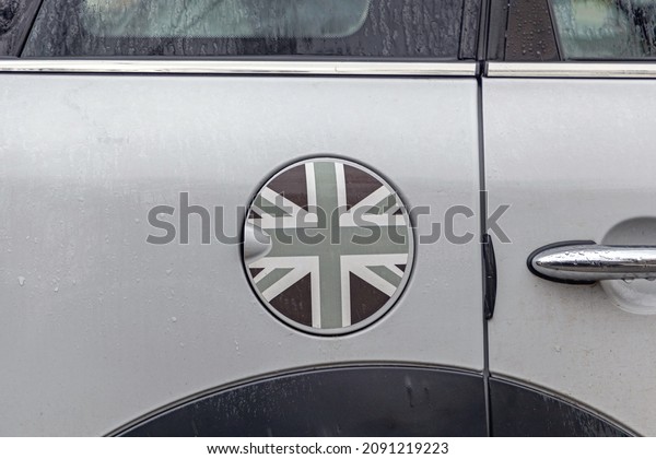Grayscale Union Jack\
Flag at Car Fueling\
Cap