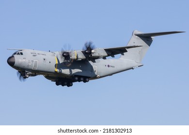 Graz, Austria - 05.14.2022: A Royal Air Force Airbus A400M Military Cargo Aircraft Landing In Graz In Austria In Front Of Blue Skies